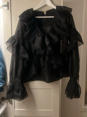 Svart volangblus från H&M - Säljer en svart transparent blus från H&M med stora volanger längs fram och på ärmarna. Blusen har långärmad design med breda, rynkade ärmslut och en luftig passform. Den är även som ny då den aldrig kommit till användning💗