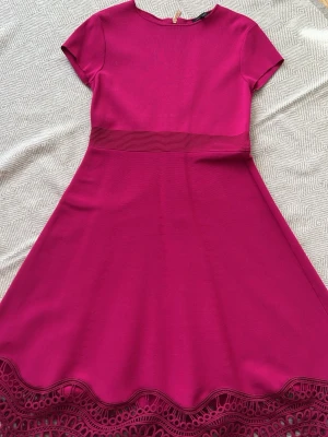 Ted Baker Rosa kortklänning med spetsdetaljer - Superfin rosa kortklänning med markerad midja och snygga spetsdetaljer längs fållen. Klänningen har en lätt utställd form och korta ärmar, perfekt för dig som vill sticka ut. Materialet känns mjukt och följsamt. Passar storlek S-L Nytt pris är ca 2500 kr