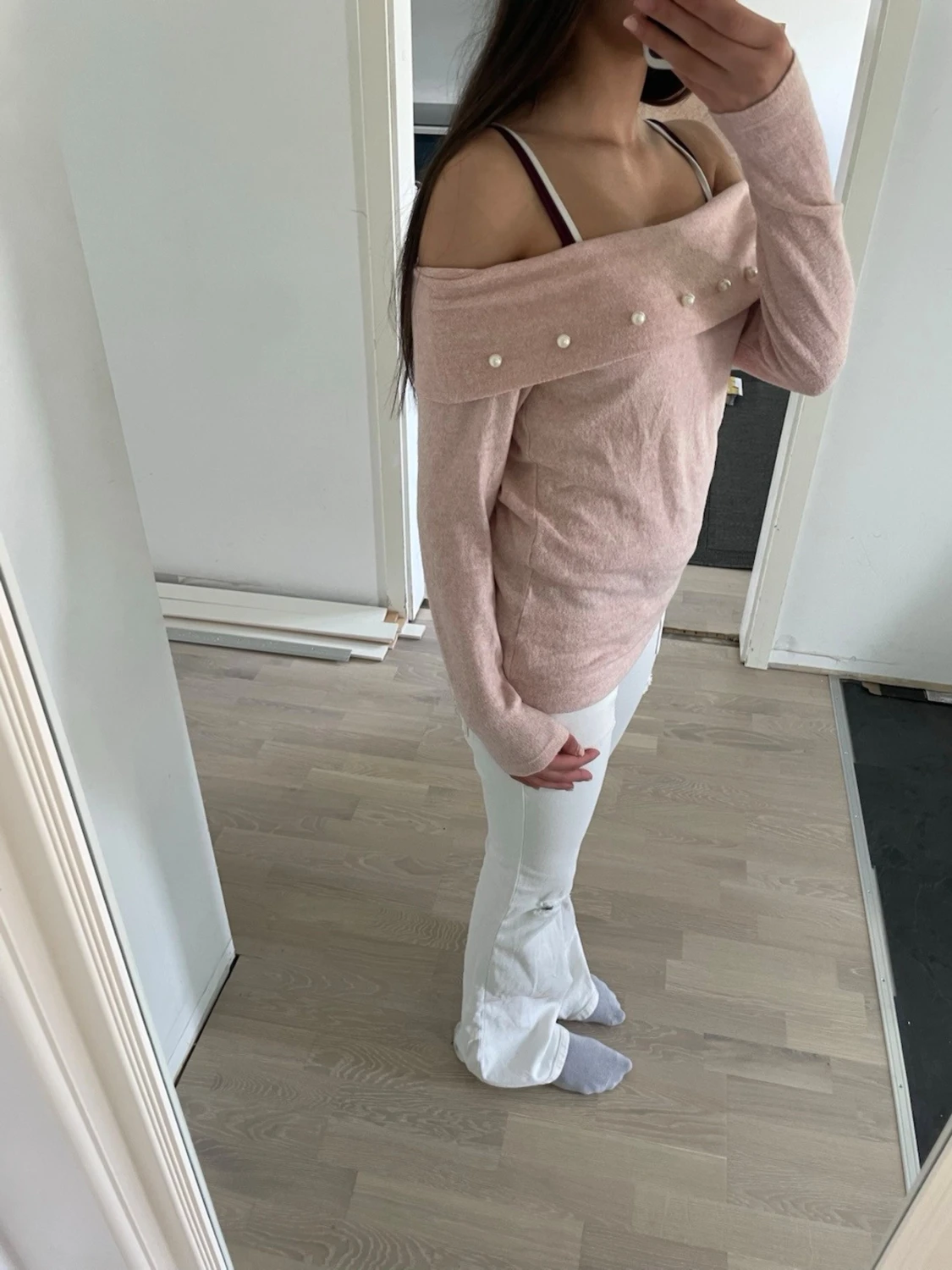 Rosa off shoulder tröja med pärlor - 1
