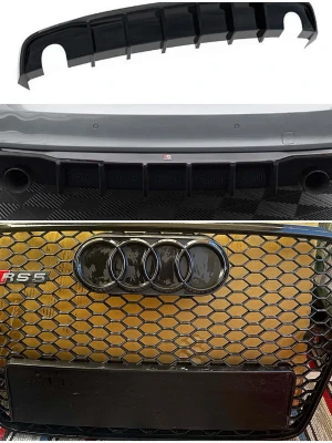Audi RS grill och Diffuser Maxton Design för Audi a5 2011-2016 - Säljer en svart RS5-inspirerad grill med bikakemönster och Audi-emblem samt en matchande diffuser till bakre stötfångare. Passar perfekt för dig som vill ge din Audi ett sportigare utseende. Tillverkad i slitstark plast och har en modern, aggressiv design.