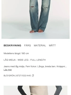 Blå wide leg jeans med låg midja - Söker ett par blå jeans med låg midja och breda, långa ben. Jeansen har fem fickor och klassisk knappgylf. Perfekta för en avslappnad och trendig look.
