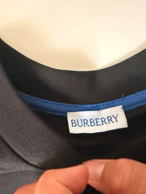Svart Burberry t-shirt med blå logga - Snygg svart t-shirt från Burberry med klassisk blå logga broderad på bröstet. T-shirten har rund hals och är kortärmad, tillverkad i mjuk bomull för en skön känsla. Perfekt för dig som gillar stilrena plagg med exklusiv touch.