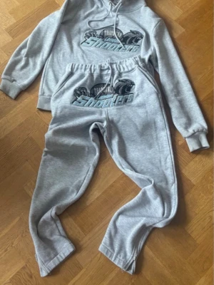 Grått mjukisset med tryck Trapstar - Säljer ett grått mjukisset med hoodie och byxor. Setet har tryck med texten 'Trapstar Shooters' och ett pantermotiv på både tröjan och byxorna. Hoodien har dragsko och byxorna har resår i midjan. Perfekt för en avslappnad stil.