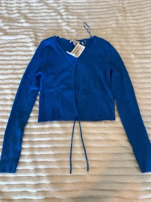 Blå ribbad crop top med knytband - Trendig blå långärmad crop top i ribbat material med v-ringning och dekorativt knytband framtill. Toppen har en liten öppning vid bröstet och är figurnära i modellen. Perfekt för att styla med höga jeans eller kjol.