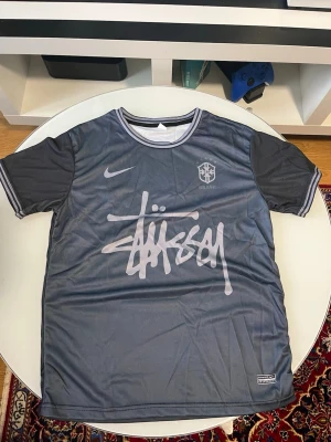 Grå Stüssy x Nike Brasil T-shirt - Snygg grå t-shirt från Stüssy och Nike med Brasil-logga på bröstet och stor Stüssy-grafik framtill. T-shirten har korta ärmar, rund halsringning och är gjord i ett lätt, sportigt material som känns skönt mot huden.