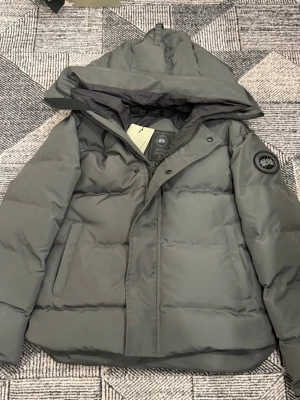 Grå dunjacka från Canada Goose - Snygg grå dunjacka från Canada Goose med huva och diskret logotyp på ärmen. Jackan har en puffig design, dragkedja och tryckknappar framtill samt två sidofickor. Perfekt för kalla vinterdagar och riktigt varm tack vare dunfyllningen. TTS