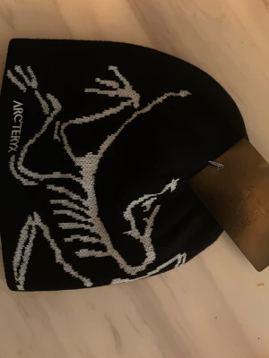 Svart mössa från Arc'teryx - Svart mössa från Arc'teryx med vit stickad dinosaurie-logga. Snygg och stilren design, perfekt för kalla dagar. Tillverkad i mjukt material som sitter skönt på huvudet. Märkeslapp sitter kvar.