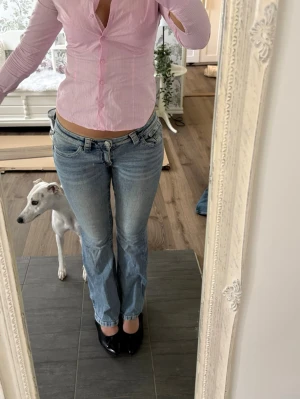 Ljusblå bootcut jeans med låg midja - Säljer ett par ljusblå jeans med bootcut och låg midja. Jeansen har klassisk femficksdesign, bälteshällor och dragkedjegylf. Perfekta för dig som gillar en avslappnad och trendig look.