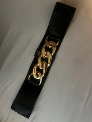 Svart bälte med guldkedja - Stilrent svart bälte med bred resår och en stor guldfärgad kedjedetalj framtill. Bältet har tryckknappar baktill för enkel stängning och passar perfekt för att lyfta en outfit med en trendig touch.