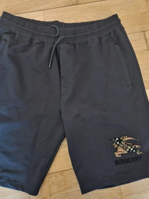 Svarta Burberry shorts med broderi - Säljer ett par svarta shorts från Burberry med elastisk midja och snörning. Shortsen har två sidofickor och ett broderat Burberry-märke med klassiskt rutmönster på vänster ben. Perfekta för en avslappnad och stilren look.