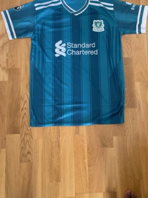 Blå Liverpool matchtröja Adidas - Snygg blå Liverpool matchtröja från Adidas med vita detaljer och tunna vertikala ränder. Tröjan har klubbmärke och Standard Chartered-logga på bröstet samt vita ränder på axlar och ärmslut. Perfekt för fotbollsträning eller att bära till vardags.
