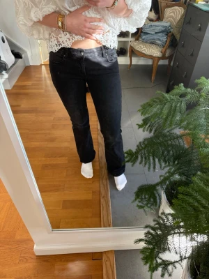 Svarta bootcut jeans med låg midja - Säljer ett par svarta bootcut jeans med låg midja och klassisk femficksmodell. Jeansen har en snygg tvätt och raka ben som går ut lite nedtill. Perfekta till en trendig vardagslook. Materialet känns som bomull med stretch för extra komfort.