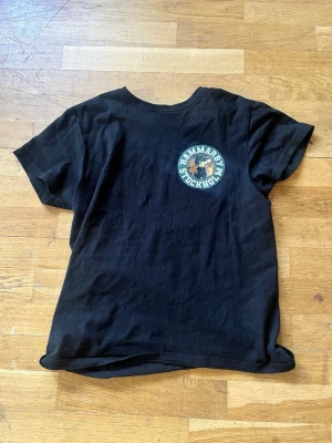 Svart Hammarby Stockholm t-shirt - Svart t-shirt med rund hals och tryck på bröstet med texten 'Hammarby Stockholm' och en tecknad figur. Perfekt för dig som vill visa ditt stöd för Hammarby på ett stilrent sätt.