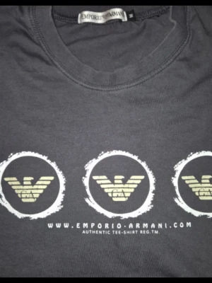 Mörkgrå långärmad t-shirt Emporio Armani stl 170 - Mörkgrå långärmad t-shirt från Emporio Armani med tre stora loggor i vitt och beige framtill. Rund halsringning och klassisk passform. Tillverkad i mjuk bomull som känns skön mot huden. Perfekt för dig som gillar stilrena och ikoniska prints. Passar ungdom 170 eller herr S.                                                          Mycket fint skick!                                                          Djur och rökfritt hem 