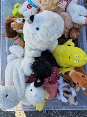 Blandade gosedjur och dockor - 14 olika gosedjur och mjukisdjur i olika färger och former, bland annat en vit isbjörn, gul Barbapapa, kanin, häst, hund och fler. Samt 2 dockor. Perfekt för dig som gillar mjukisdjur eller vill ge bort till någon som samlar.