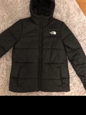 Svart pufferjacka från The North Face - Säljer en svart pufferjacka från The North Face med huva och dragkedja framtill. Jackan har en stilren design med diskret logga på bröstet och quiltade paneler. Perfekt för kalla dagar och riktigt skön att bära.