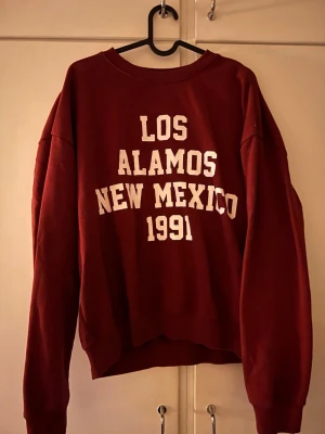 Vinröd sweatshirt Los Alamos 1991 - Cool vinröd sweatshirt med trycket 'Los Alamos New Mexico 1991' i vitt på ryggen. Oversized passform med rund halsringning och långa ärmar. Tillverkad i mjukt bomullsmaterial som är skönt mot huden. Perfekt för en avslappnad och trendig look.
