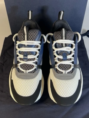 Dior b22 i blått och vitt - Säljer ett par chunky sneakers med mesh och läderdetaljer i blått, vitt, svart och grått. Skorna har vita snören, tjock sula och sportig design med coola kontraster. Perfekta för dig som gillar streetwear och vill sticka ut med dina skor.