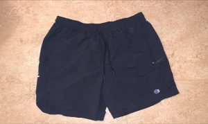 Svarta träningsshorts från Champion - Säljer ett par svarta träningsshorts från Champion med elastisk midja och dragsko. Shortsen har en liten Champion-logga på benet och en praktisk ficka med dragkedja på sidan. Perfekta för gymmet eller chill dagar.