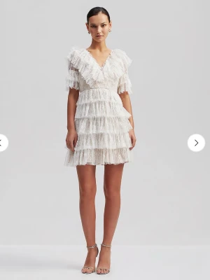 Vit spetsklänning med volanger - Säljer min fina studentklänning från By Malina. Klänningen är i mycket gott skick.  Storlek 40, men passar även bra som en 38. Jag har sytt upp den något, så den är lite kortare än originalmodellen.  Hör gärna av dig vid frågor eller för fler bilder! 