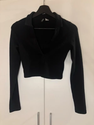 Svart croppad topp - Säljer en svart croppad topp från Hm med v-ringning och krage. Toppen har långa ärmar och är tillverkad i ett helt okej stretchigt material som sitter snyggt på kroppen. Perfekt för dig som gillar en stilren look💕