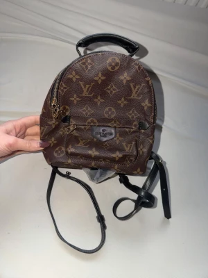 Ny Liten brun monogram ryggsäck - Säljer en liten brun ryggsäck med klassiskt monogrammönster i guld. Väskan har svarta läderdetaljer, justerbara axelband och ett litet ytterfack med dragkedja. Perfekt för dig som vill ha en ikonisk och trendig accessoar.