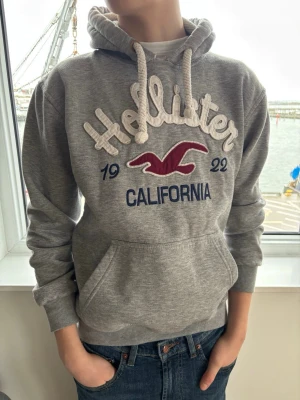 Grå Hollister hoodie med tryck - En riktigt fet hollister tröja! Sitter jättebra på har stl S och har fint skick. Skick:9/10 | modellen är 174cm lång. Pris 599 men kan diskuteras🤩🤩