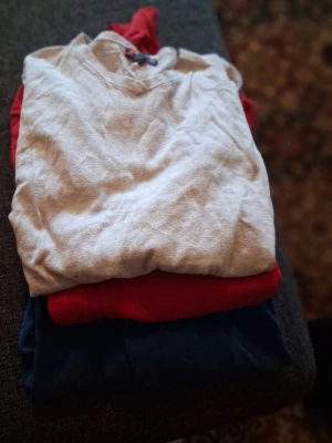 Ljusgrå V-ringad tröja H&M - Ljusgrå,blå och röd långärmad tröja från H&M med V-ringning. Tröjan har en enkel och stilren design med ribbade muddar vid ärmslut och nederkant. Pris för alla 3 !!