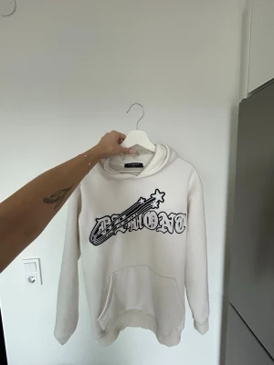 Vit hoodie från Demont med tryck - Säljer en vit hoodie från Demont! Perfekt för dig som gillar streetwear och vill ha en skön och stilren look. Finns en liten fläck upptill.