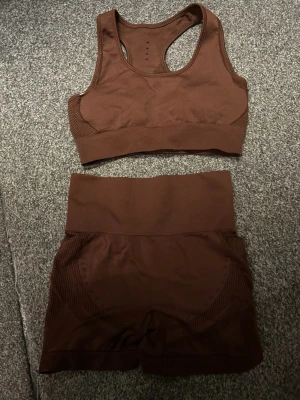 Brunt seamless träningsset - Säljer ett brunt seamless träningsset med sport-bh och shorts. Setet är tillverkat i 92% polyamid och 8% elastan för en stretchig och bekväm passform. Perfekt för gymmet eller yoga. Sport-bhn har brottarrygg och shortsen har hög midja.