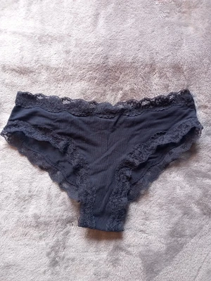 Blå spetskantade trosor - Säljer ett par blå trosor med fina spetsdetaljer längs midjan och benen. Trosorna har en klassisk brief-modell och är tillverkade i mjukt tyg med stretch för skön passform. Perfekta för dig som gillar en enkel men ändå söt stil.
