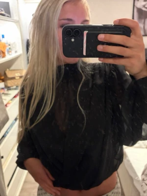 Svart transparent blus med volang - Snygg svart blus i transparent material med volangdetaljer vid halsen och ärmsluten. Blusen har lång ärm och en loose passform, perfekt att styla med höga jeans eller kjol. Enkel men trendig design som ger en cool vibe.