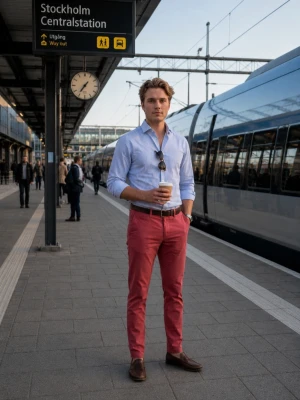 Röda chinos från Dressmann  - Säljer ett par snygga röda chinos från Dressmann. Byxorna har en slim fit passform, klassiska sidofickor och är tillverkade i mjukt bomullstyg. Perfekta för dig som vill ha en stilren och modern look.