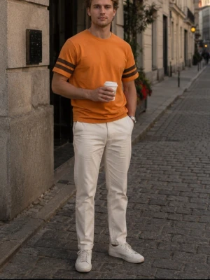 Orange t-shirt med ränder från Jack & Jones - Snygg orange t-shirt från Jack & Jones med två mörkbruna ränder på ärmarna. T-shirten har rund halsringning och är tillverkad i mjuk bomull. Perfekt för dig som vill ha en sportig och avslappnad stil.