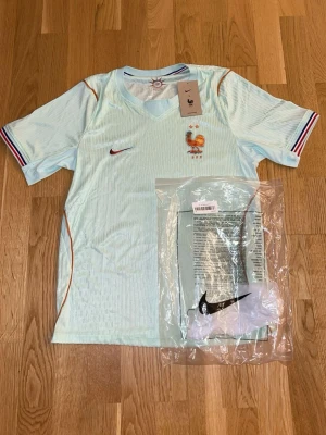 Ljusblå Nike Frankrike fotbollströja - Snygg ljusblå fotbollströja från Nike med Frankrikes landslagsmärke och röd Nike-logga på bröstet. Tröjan har V-ringning, korta ärmar och detaljer i rött, blått och vitt på ärmsluten. Perfekt för fotboll eller träning. ‼️Pris kan diskuteras vid snabb affär.