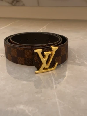  brunt rutigt bälte - Snyggt bälte med klassiskt rutigt mönster i brunt och mörkbrunt. Bältet har ett stort LV-spänne i guld och är tillverkat i skinn. Perfekt accessoar för att lyfta din outfit.