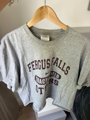 Grå Nike t-shirt Fergus Falls - Grå t-shirt från Nike med trycket 'Fergus Falls Track & Field Otters' i vinrött framtill och liten Nike-logga på ryggen. Klassisk rund hals och korta ärmar. Perfekt för en sportig och avslappnad stil.