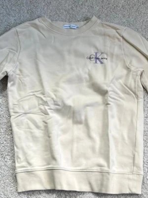 Beige sweatshirt från Calvin Klein - Snygg beige sweatshirt från Calvin Klein med diskret logga i lila och grått på bröstet. Tröjan har rund halsringning, långa ärmar och ribbade muddar vid ärmslut och nederkant. 