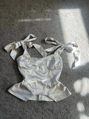 Champagnefärgad satinkorsett med knyt - Supersnygg korsettopp i champagnefärgad satin med breda axelband som knyts till rosetter. Toppen har markerade sömmar och en figurnära passform som ger en lyxig känsla. Perfekt för att lyfta vilken outfit som helst!