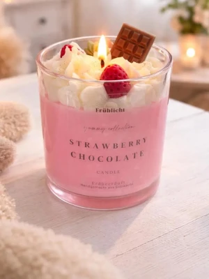 Strawberry Chocolate doftljus i glas - Säljer ett rosa doftljus i glas från Frühlicht med jordgubbs- och chokladtema. Ljuset har dekorationer som ser ut som vispgrädde, jordgubbar och en chokladbit på toppen. Perfekt för dig som gillar söta dofter och snygg inredning.