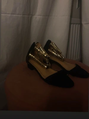 Svarta ballerinaskor med gulddetaljer - Unika ballerinaskor i svart mocka-look med dekorativa guldfärgade metallkedjor över vristen. Skorna har öppen häl och spetsig tå, vilket ger en trendig och elegant vibe. Perfekta för dig som vill sticka ut med accessoarer i metallic.