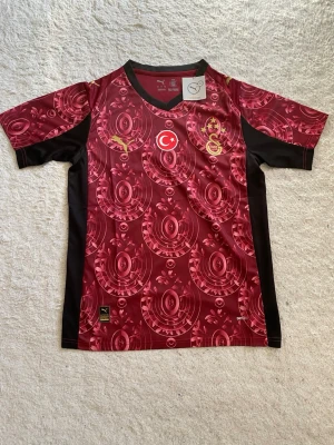 Galatasaray matchtröja vinröd Puma - Snygg vinröd Galatasaray matchtröja från Puma med guldiga detaljer och klubbmärke. Tröjan har ett unikt cirkelmönster, svarta sidopaneler och V-ringning. Tillverkad i lätt och funktionellt material, perfekt för fotboll eller träning.