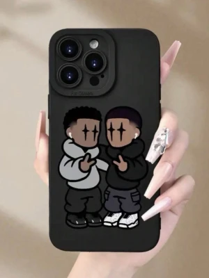 Svart mobilskal med tecknad duo - Snyggt svart mobilskal med en tecknad illustration av två personer som gör peace-tecken och har streetwear-stil. Skalet är gjort i mjukt silikonmaterial som ger bra grepp och skydd. Perfekt för dig som vill ha en unik och trendig look på mobilen.