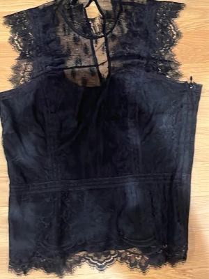 Svart spetsblus med hög hals - Säljer en svart blus i spets med hög hals och transparenta detaljer. Blusen har fina spetskanter vid ärmar och nederkant samt knyt i nacken. Perfekt för dig som gillar en elegant och edgy stil.
