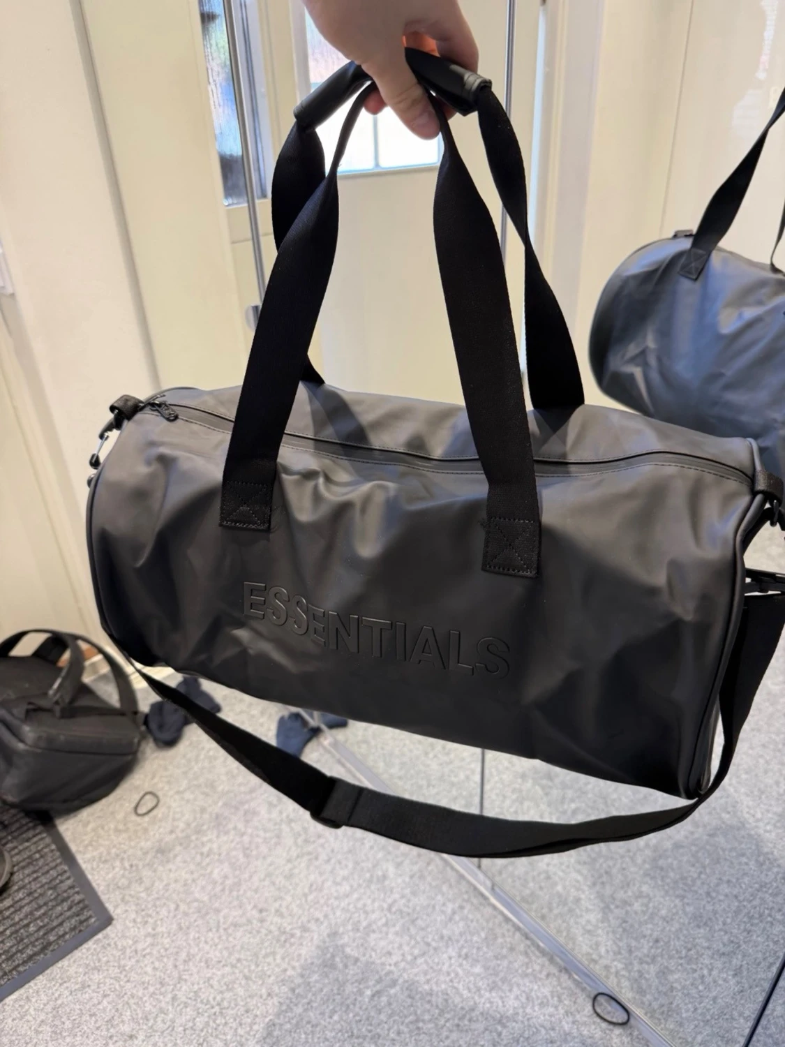 Essentials black duffle gym bag 