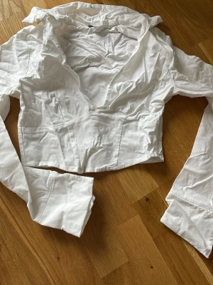 Vit croppad topp med v-ringning - Vit croppad topp med djup v-ringning. Långa ärmar och figurnära passform, dragkedja i sidan. 