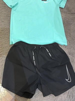 Svarta Nike shorts med snörning - Säljer ett par svarta shorts från Nike med snörning i midjan och en vit Nike-logga på benet. De har en klassisk passform och är perfekta för sport eller chill. Materialet känns lätt och bekvämt, och designen är enkel men snygg.