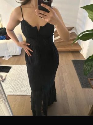 Svart långklänning  - Svart långklänning med tunna axelband och figurnära passform. Klänningen har en v-ringad urringning, knappar och subtila spetsdetaljer längs midjan och nederdelen. Lånad Bild, köpt på vinted men har inte kommit till användning. Perfekt till sommaren. 