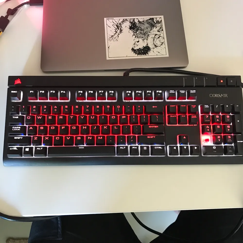 Corsair Strafe RGB keyboard. Har använt denna väldigt. Fortfarande bra skick. Saknar en keycap på 1an på numpaden. Cherry red switches.  (engelsk). Accessoarer.