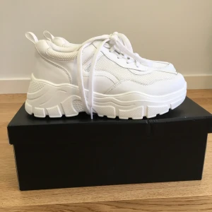 Duffy Chunky Sneakers - Vita chunky sneakers från märket Duffy, köpta på Nilson Shoes för 550 kr. Har endast använt en gång så de är i nyskick, och säljer pga att de är för stora. De är köpta med svart-vitrandiga skosnören men har själv bytt till helvita